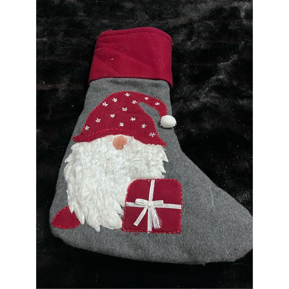 Storehouse Christmas Gnome Stocking‎ With Red Grey Wool Blend